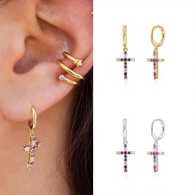 China MEENOY 925 Sterling Silver Ladies Hoop Earrings Fashion Ear Buckle Exquisite Trendy Rainbow Zircon Cross Dangle Jewelry for sale