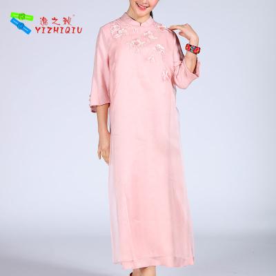 China Summer Pink Cheongsam Dress Chinese Traditional Dress Qipao Flower Embroidered for sale