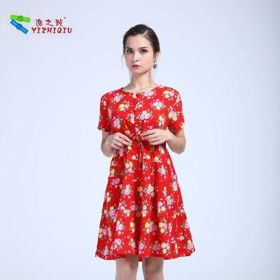 China Retro Style Pattern Red Cotton Dress , Ladies Summer Dresses With Short Sleeves for sale