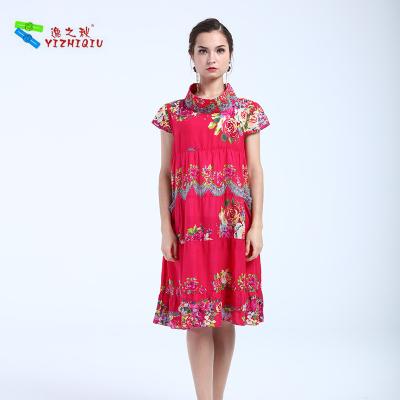 China Comfortable Red Short Cotton Summer Dresses Floral Pattern For Mature Woman for sale