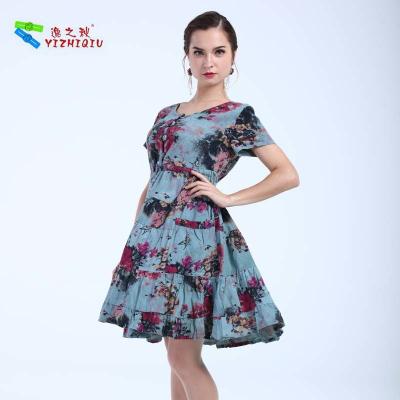 China Lady Waist Midi Printing Flower Cotton Summer Dresses With Short Sleeves for sale