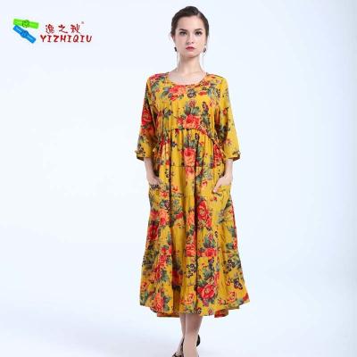 China Anti Static Cotton Long Ladies Floral Dresses Waist Fitted Retro Design for sale