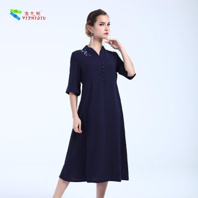 China Black Casual Cotton Summer Clothing Long Dresses With Mandarin Collar Neckline for sale