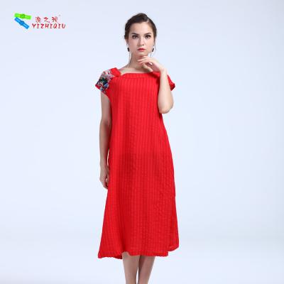 China Daily Wear Red Cotton Long Sleeve Dress With Mandarin Collar Neckline for sale