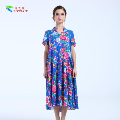 China Beautiful Vacation Blue Long Cotton Summer Dresses Traditional Chinese Clothing for sale