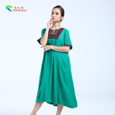 China Estilo chino bordado del vestido verde del algodón con longitud de los vestidos de la media pantorrilla en venta