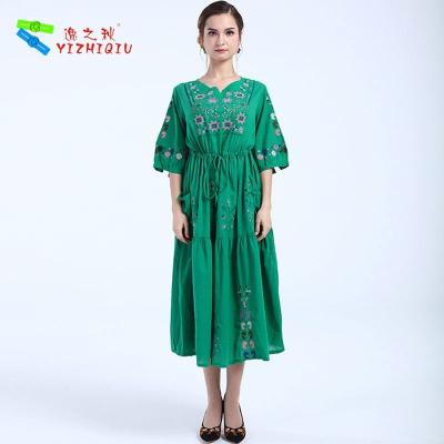 China Piel maxi bordada del lino/del material de algodón del vestido de Boho de la media manga amistosa en venta