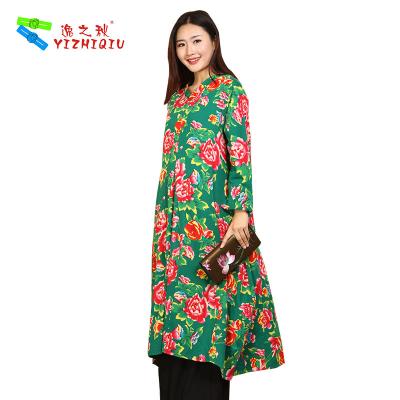 China Women Pure Cotton Long Sleeve Casual Maxi Dress , Green Long Sleeve Dress for sale