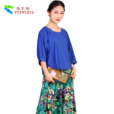 China Women Summer Casual Short Sleeve Cotton Blouse None Pattern With Dyed Technics for sale