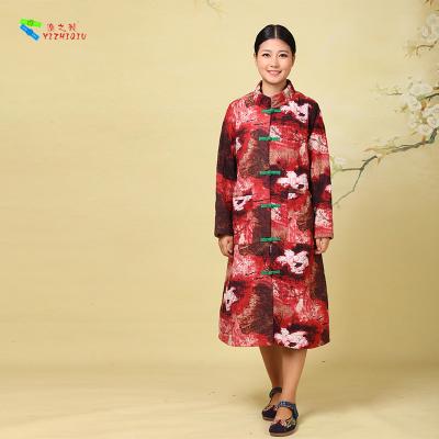 China Red Cotton Winter Coats , Cotton Padded Floral Print Coats Chinese Style for sale