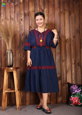 China Navy Blue Embroidered Cotton Dress Women Elegant And Comfortable Tunic for sale