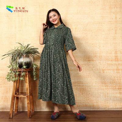 China Floral Print Long Sleeve Cotton Maxi Dress , Beautiful Long Sleeve Dresses Turn Down Collar for sale