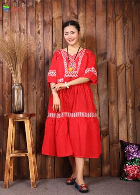 China Round Neck Chinese Embroidery Dress , Red Cotton Dress Lightweight For Women for sale