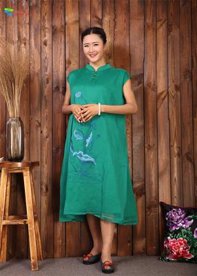 China Estilo chino bordado verde casual del vestido del algodón de la vida para Intdoor Eco amistoso en venta