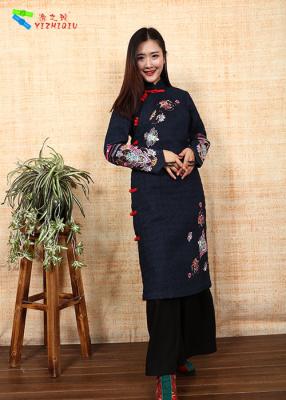 China Ethnic Embroidery Cotton Winter Clothing Slim Cotton Padded Qipao With Long Sleeve for sale