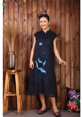 China Dark Blue Long Cotton Dresses , Layered Design Chinese Traditional Dress For Girl for sale