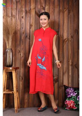 China Sleeveless Women Red Embroidered Cotton Dress With Cheongsam Type Buckle for sale