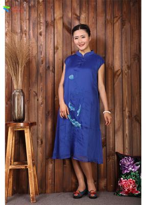 China Summer Blue Sleeveless Linen Dress , Embroidered Chinese Dress For Ladies for sale