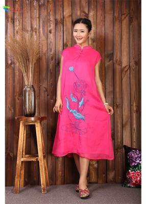 China Roze Chinese Borduurwerkkleding, L XL XXL-Katoenen Sleeveless Maxikleding Te koop