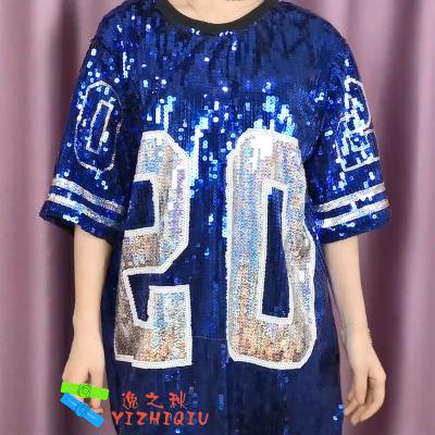 China Blue Sequin Tee Shirt Dress Sorority Stage Performance Clothing Number 20 for sale