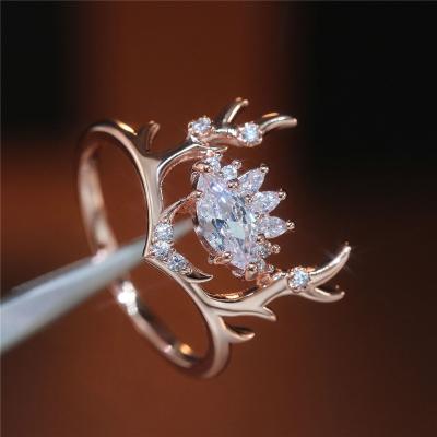 China FASHION Women Fashion Sparkly Translucent Zircon Embellished Beautiful Rose Gold Elk Antlers Zircon Engagement Ring for sale