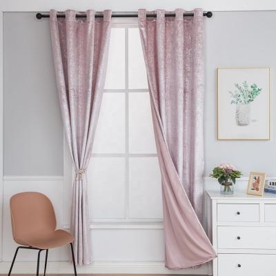 China Shaoxing modern textile living room grommet polyester silver aluminum window printed velvet pink curtains for sale