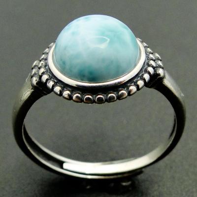 China Adjustable Blue Stone Wedding Ring Women Adjustable Ring 100% 925 Sterling Silver Jewelry Round Natural Larimar de Larimar for sale