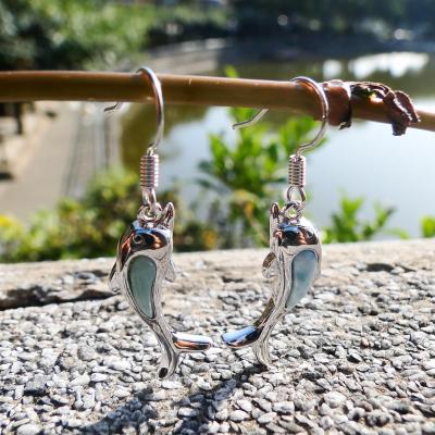 China 925 Sterling Silver Sea Fish Natural Blue Larimar Dolphin Earring Dangle Dolphin Earring for sale