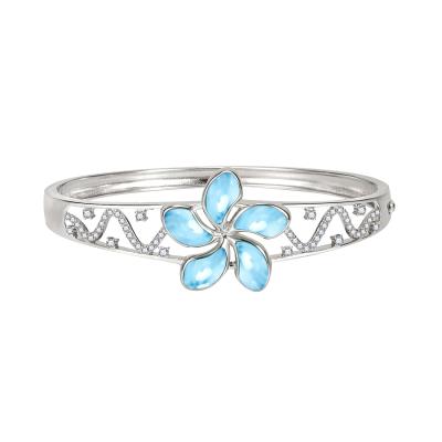 China Sterling Silver Hawaii Plumeria Flower Bangle Larimar Blue Sea Life Flower Bracelet Sea Life Jewelry 925 for sale