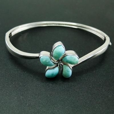 China Sterling Silver Hawaii Plumeria Flower Jewelry 925 Sterling Silver Natural Larimar Sea Life Flower Bangle Bracelet for sale