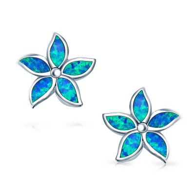 China CLASSIC 925 Sterling Silver October Birthstone Blue Created Opal Inlay Petals Flower Stud Earrings For Women for sale