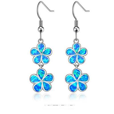 China Opal Plumeria Flower Jewelry TRENDY 925 Sterling Silver Blue Fire Opal Double Plumeria Flower Drop Earrings for sale