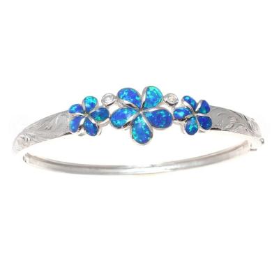 China Blossom Bracelet 925 Sterling Silver Blue Fire Opal Triple Plumeria Flower Sea Life Bangle Bracelet for sale