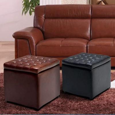 China Hot Sale Luxury Inflatable PU Leather Foldable Round Square Stool Storage Modern PU Stool With Bottom for sale