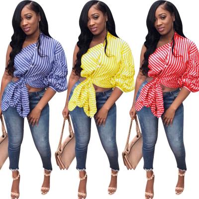 China 2021 Ladies T Shirts Striped One Shoulder Anti-pilling Women Blouses And Tops Tops Ladies Girls Blouses Tops for sale