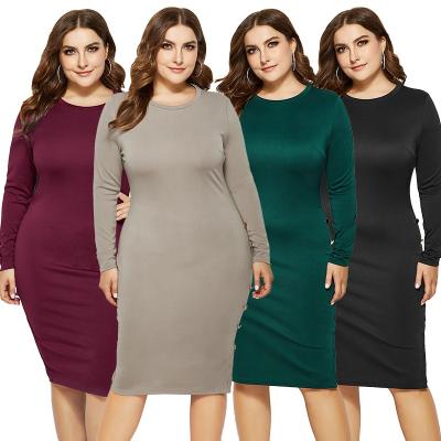 China Anti-wrinkle Plus Size Women's Clothing Button Fashion Round Neck Long Sheath Solid Color Plus Size Dress for sale