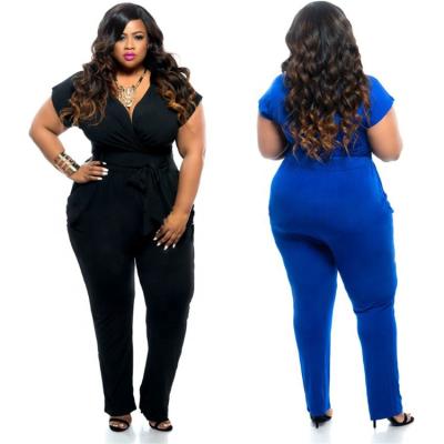 China Anti-wrinkle summer stylish V-neckline solid color plus size jumpsuit for fat women clothing for sale