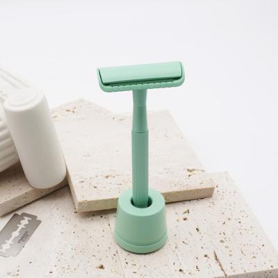 China 2021 New Design Metal Double Edge Safety Razor Colorful Brass Handle Razor With Stand Facial Razor for sale