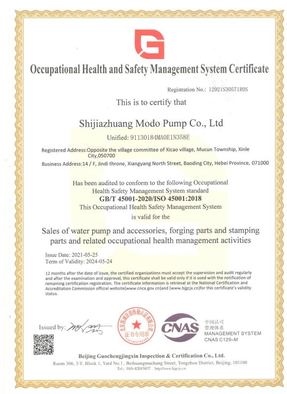 ISO45001 - Shijiazhuang Modo Pump Co.,ltd.