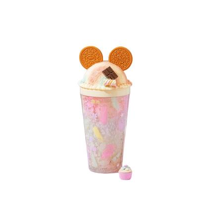 China Lovely Hot Stocked Kids Water Bottle Tumbler Plastic Cup Cartoon Mouse Ear Tumbler Water Bottles With Custom Logo for sale