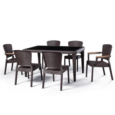 China Modern 7pcs All Plastic Dining Set With Glass Table Top Furniture Set Outdoor Garden Table for sale