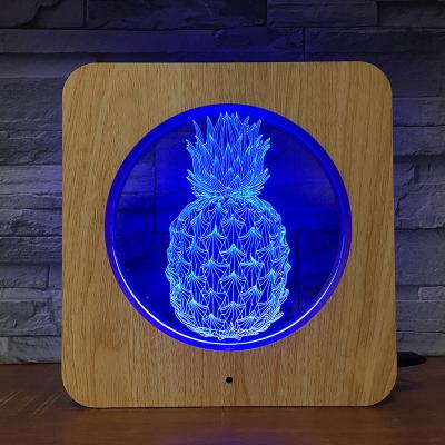 China Creative Grain Touch 3D LED Wooden Light Gift Photo Frame Bedroom Pineapple Colorful Visual Night Light for sale