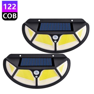 China Wide Angle Garden Ultra Bright 122COB 4 Sides Illumination Wall Lights With 3 Modes Solar Security Lights Waterproof For Garden for sale