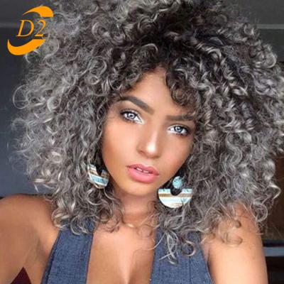 China Short Hair Fashionable Afro Curly Wig With Bangs Loose Synthetic Shoulder Length Fluffy Wigs For Dark Brown Color Women for sale