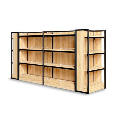 China Double Sided Gondola Racks Supermarket Shelf Wooden Shelves Stores Steel Frame For Supermarket for sale