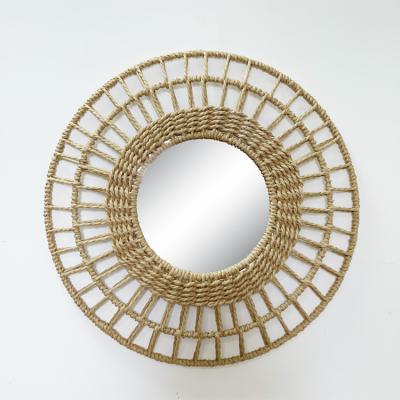 China Modern Paper Rope Weaving Round Decorative Wall Mirror Large Modern Wall Decor Mirrors for sale