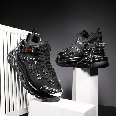 China 2021 fashion sexy high aid style black punk air cushion chain hollow out punk work boots platform leather boots for sale