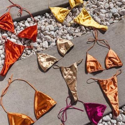 China Custom Women's Shiny Mini Brazilian Thong Bikini Set Women's Shiny Satin Two Pieces Solid Sexy Designer Micro Swimsuit Swimwear for sale