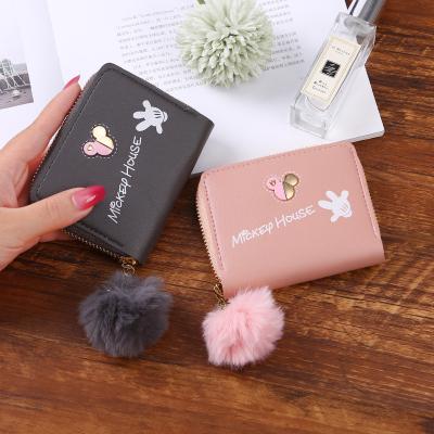 China Vintage Solid Matte Women Wallet With Hairball Fashion Small Purse Lady Letter Zipper Short Waterproof Female Short Clutch Wallet for sale