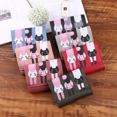 China Wholesale Lovely Waterproof Cartoon Printing Women Wallet Cat Large Capacity 3 Short Fold PU Leather Ladies Short Purse for sale